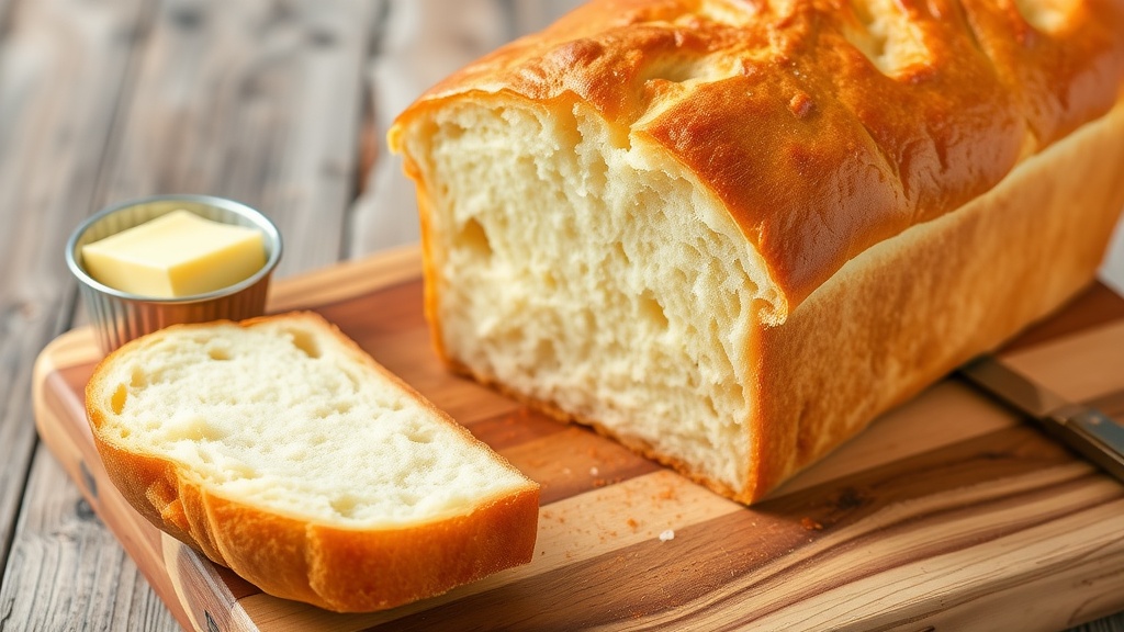 Soft and Fluffy Potato Bread Recipe Freshly baked potato bread loaf with a slice cut, showing its fluffy texture, on a wooden cutting board with butter.